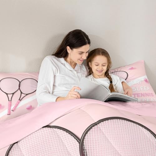 Castle Fairy Tennis Comforter Set Toddler Size Fashion Sports Ball Game Bedding Set Bedroom Decor Girly Pink Style Quilt Set for Kids Boys Girls Tennis Racket Duvet Insert 2Pcs