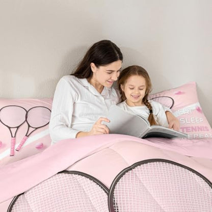 Castle Fairy Tennis Comforter Set Twin Size Fashion Sports Ball Game Bedding Set Bedroom Decor Girly Pink Style Quilt Set for Kids Boys Girls Tennis Racket Duvet Insert 2Pcs