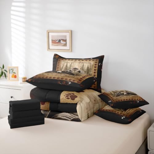 Erosebridal Brown Bear Full Comforter Set with Sheets 7 Piece Rustic Wildlife Bear Paw Bed in A Bag Vintage Farmhouse Cabin Bedding Sets for Kids Boys Girls Country Lodge Bed Set