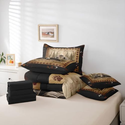 Erosebridal Brown Bear Full Comforter Set with Sheets 7 Piece Rustic Wildlife Bear Paw Bed in A Bag Vintage Farmhouse Cabin Bedding Sets for Kids Boys Girls Country Lodge Bed Set