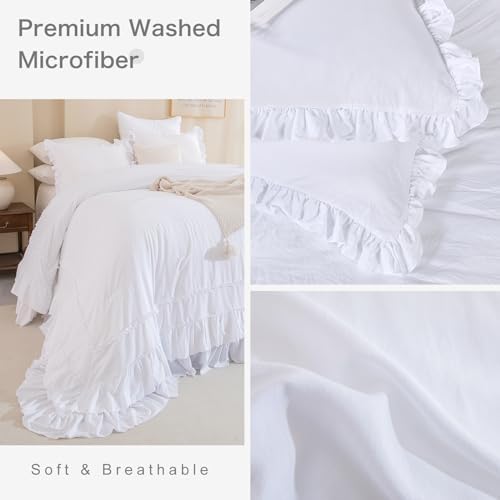 Masaca Oversized King Comforter 128x120,White Shabby Boho Chic Farmhouse Bedding Comforter with Ruffles,3 Pieces Vintage Lightweight and Soft French Country Bedding Set