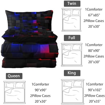 Nttopship Neon Blue and Red Black Comforter Set King Geometric Kids Bedding Set,3 PCS Geometry Honeycomb Modern Room Decor Quilt Set 1 Comforter 2 Pillow Cases All Season B-Side Black