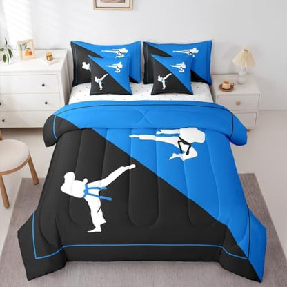 Castle Fairy Teens Adult Taekwondo Comforter Set King Size 7 Pcs Black Blue Bedding Set with Comforter,Sheet Set,Pillowcase and Sham Japanese Style Bed Set Kungfu Bedding for Room Decorative