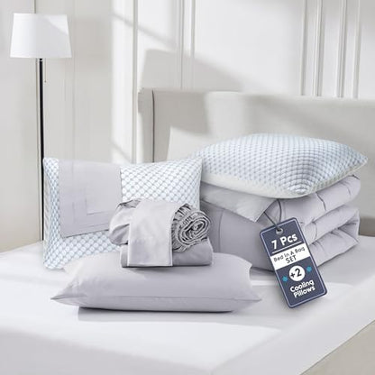 Nestl 7 Piece Twin XL Comforter Set – Grey Lavender Reversible Bed in a Bag – Complete Twin XL Size Bedding Set with Sheets, Set of 2 Cooling Pillows, Pillowcase and Sham