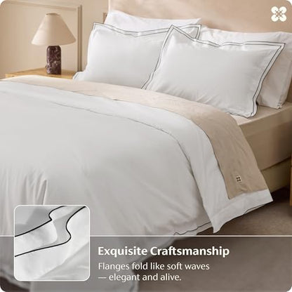 Bedsure PureWoven 100% Cotton Percale Duvet Cover King, Leaf Edge, White