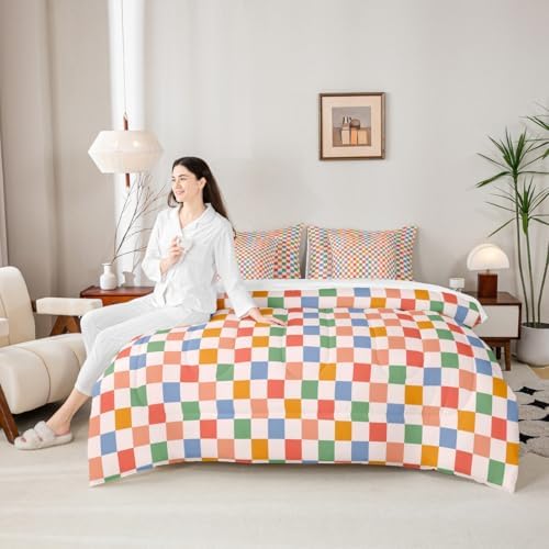 jejeloiu Orange Blue Green Bedding Set 7Pcs Full Size Kids Plaid Checkered Comforter Set with Sheets for Boys Girls Classic Grid Buffalo Check Bed in a Bag Soft Lightweight,Microfiber