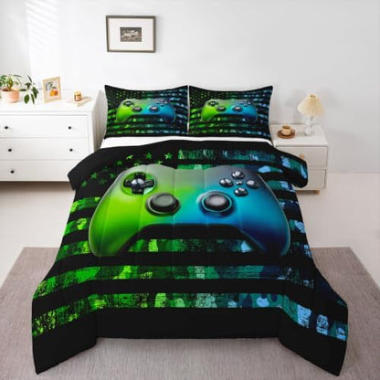 Gamer Comforter Set Queen Kids Boys Teens Usa Flag Stars Down Comforter Gaming Comforter Gamer Room Decor Camo Video Game Bedding Set, Gamepad Console Duvet, Youth Young Man Quilt, Grunge Style