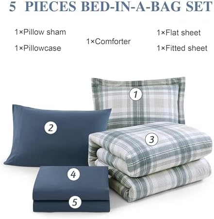 Plaid Twin XL Comforter Set Blue Grey 5 Pieces College Dorm Bed in a Bag