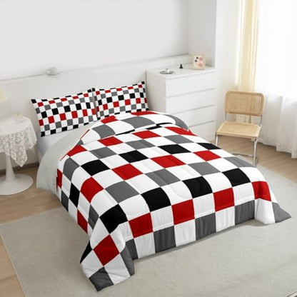 Checkered Geometric Comforter Set Twin Size Red Grey Black Plaid Bedding Set for Kids Boys Girls Checkerboard Modern Aesthetic Duvet Quilt Reversible Grey Bedroom Decor 2 Pcs with 1 Pillow Cases