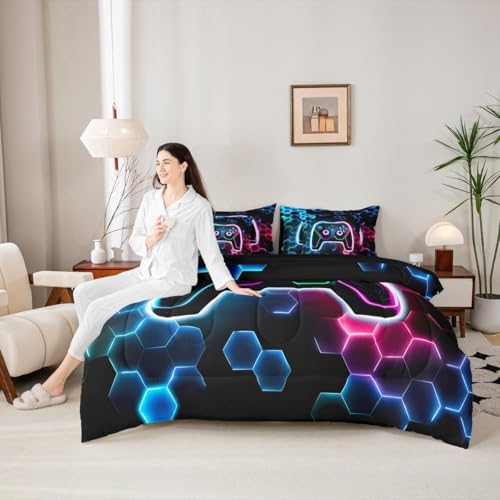 Erosebridal 3D Gamer Comforter Sets with Sheets - Cool Gaming Bedding Set Twin for Boys Girls Colorful Neon Lights 7Pcs Bed in A Bag, Hexagon Honeycomb Bed Set