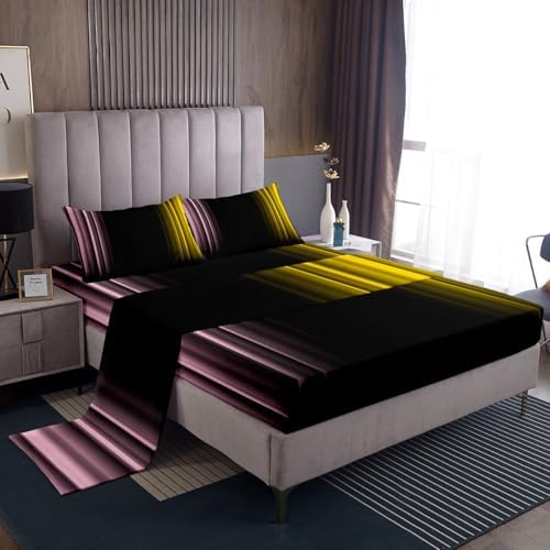 Feelyou Teens Abstract Ombre Decorations Bedding Set for Kids Women Pink Yellow and Black Bed Sheets Set Geometric Modern Fitted Sheet Sets Room 4Pcs King Size