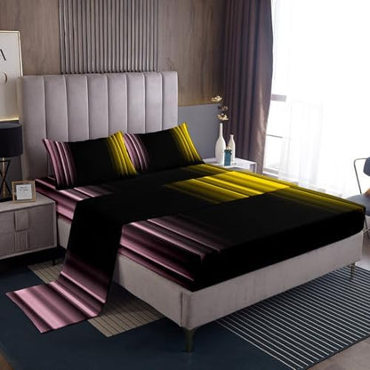 Feelyou Teens Abstract Ombre Decorations Bedding Set for Kids Women Pink Yellow and Black Bed Sheets Set Geometric Modern Fitted Sheet Sets Room 4Pcs King Size