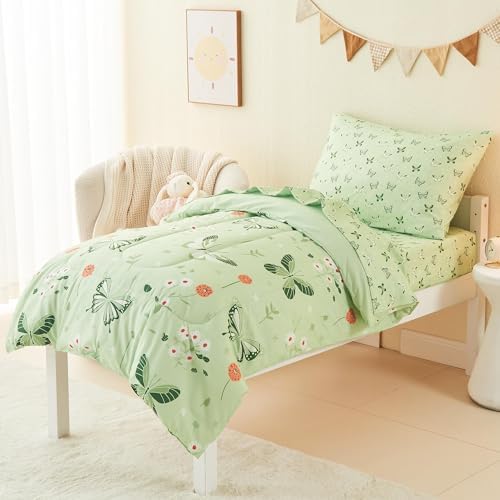 Mooreeke Toddler Bedding Sets for Girls, 4 Pieces Green Butterfly Printed