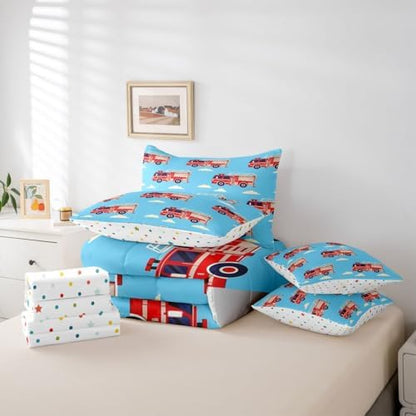 Erosebridal Cartoon Fire Truck Full Comforter Set with Sheets, Red Firemen Car Bed in A Bag, White Cloud Blue Sky 7 Pcs Bedding Set for Kids Men Teens Boys Room Decor, Fire Engine Bed Sets