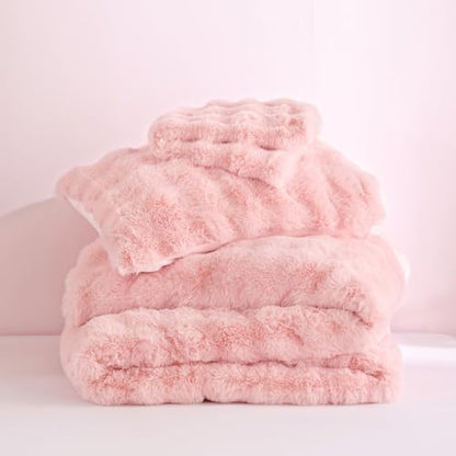 YIKUSH King Faux Fur Soft Comforter Set, Fluffy Pink Rabbit Fur Comforter