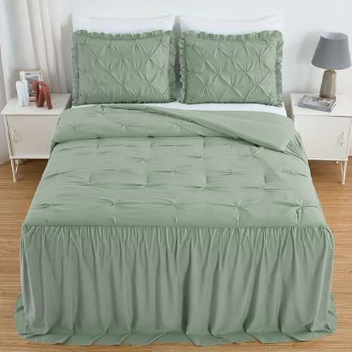 Chezmoi Collection Aria 3-Piece Pintuck Ruffle Skirt Bedspread Set - Lightweight Pinch Pleat Crinkled Texture Microfiber Bedding - French Country Chic Farmhouse - Queen, Sage Green