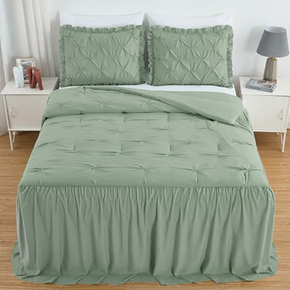 Chezmoi Collection Aria 3-Piece Pintuck Ruffle Skirt Bedspread Set - Lightweight Pinch Pleat Crinkled Texture Microfiber Bedding - French Country Chic Farmhouse - Queen, Sage Green