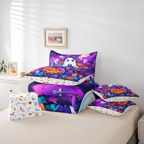 Erosebridal Cartoon Halloween Pumpkin Twin Comforter Set 7 Piece for Kids Adults Cartoon Graveyard Gothic Bed in A Bag with Sheetsghost Bedding Set Goth Bed Set Room Decor