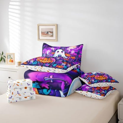 Erosebridal Cartoon Halloween Pumpkin King Comforter Set 7 Piece for Kids Adults Cartoon Graveyard Gothic Bed in A Bag with Sheetsghost Bedding Set Goth Bed Set Room Decor