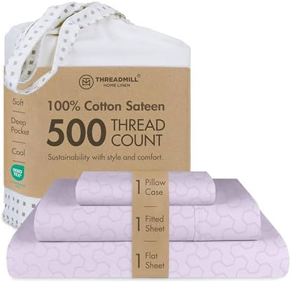 Threadmill 500TC Cotton Twin XL Sheet Set, Sateen, Jacquard, Lilac, 3-Piece