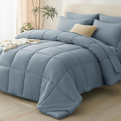 CozyLux Oversized King Comforter Set, 7-Piece Bed in a Bag, Grayish Blue