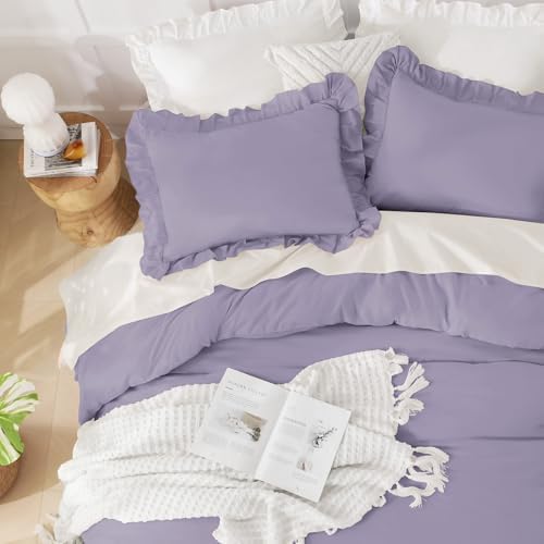 Andency Purple King Size Comforter Set, 3 Pieces Solid Farmhouse Bedding