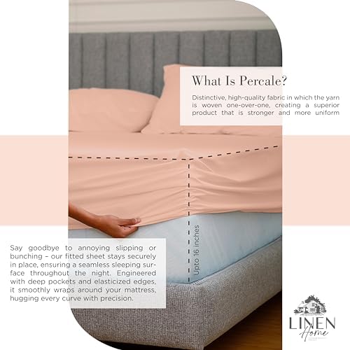 Linen Home 100% Cotton Percale King Sheets, 4Pc Cooling Set Tropical Peach