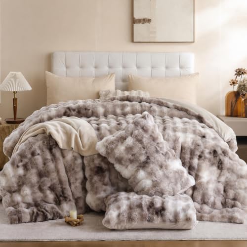 YIKUSH King Faux Fur Soft Comforter Set, Fluffy Bedding Set, Tiedye Brown