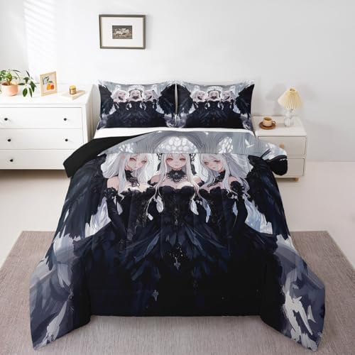 Erosebridal Japanese Anime King Size Comforter Set, Anime Girl Bedding Set Kawaii Japanese Style Quilt Cartoon Japan Animation Duvet Insert for Boys Teens Adult Women Bedroom Decor, Black