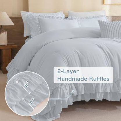 Masaca Shabby Ruffled King Comforter Set,Farmhouse Cornflower Blue Bedding Comforter Lightweight Ultra Soft Vintage Rustic Bedding 3pc (1 Ruffle Comforter and 2 Pillowcases)