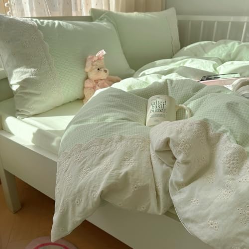 LifeTB Green Gingham Comforter Set Queen Romantic Lace Style Checkered Pattern Comforter Set Farmhouse Green Grid Plaid Bedding Comforter Lightweight Fluffy Soft Gingham Bedding Set Queen Size
