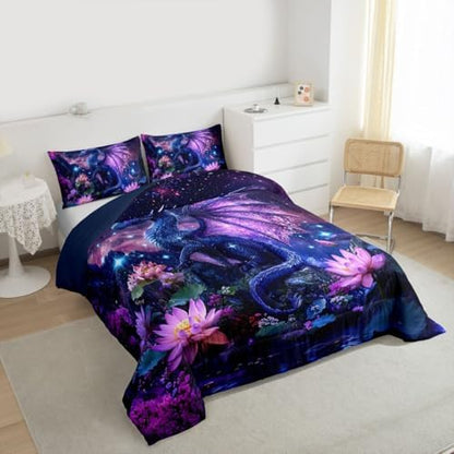 Feelyou Dragon Comforter Set Full Size Dragon Stuff Bedding Set for Kids Boys Girls Wild Life Duvet Quilt Magic Wildlife Bedroom Decor Dull Purple Microfiber 3 Pcs with 2 Pillow Cases