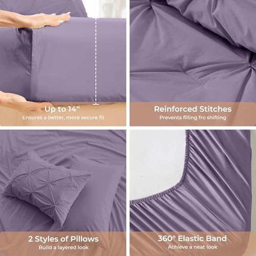 Sasttie California King Comforter Set, 7-Piece Bed in a Bag, Pintuck Bedding Sets for All Season, Includes Comforter, Flat Sheet, Fitted Sheet, Pillowcases and Pillowshams, New Purple