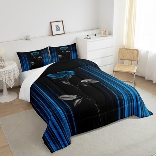 Feelyou Abstract Ombre Comforter Set King Size Kids Romantic Rose Comforter for Boys Girls Teens Black Blue Bedding Set Geometric Striped Duvet Set Room Decor Quilt Set
