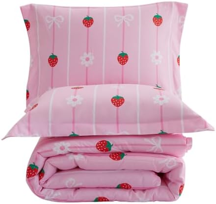 Yibeizi Pink Strawberry Comforter Set for Girls Twin Bow Striped Bedding