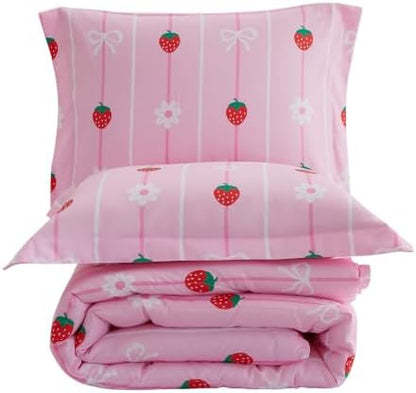 Yibeizi Pink Strawberry Comforter Set for Girls Twin Bow Striped Bedding