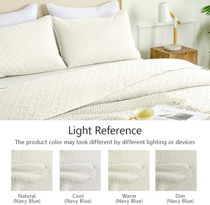 FLYMME Quilts King Size,Lightweight Cream Bedspreads,Basket Weave Pattern,Ultra Soft Microfiber Bed Coverlet 3 Pieces for All-Seasons (1 Quilt,2 Pillow Shams)
