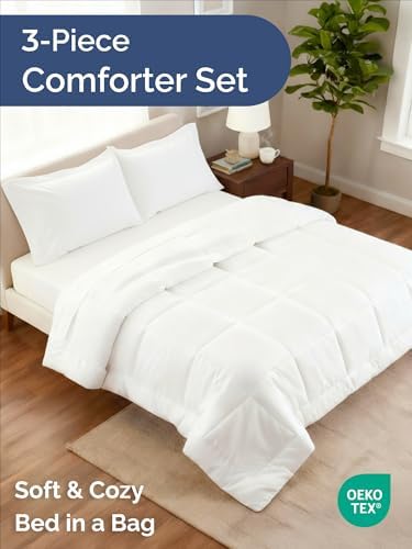 Queen Comforter Set - White Bedding for All Seasons - Soft 3 Piece Bed Set