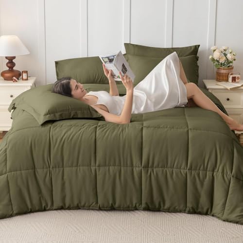 JOLLYVOGUE Twin Comforter Set, Ultra-Soft Bed in a Bag Twin Size 5 Pieces, Oeko-TEX Certified Bedding Set with Down Alternative Comforter, Sheets, Pillowcases & Shams, Olive Green