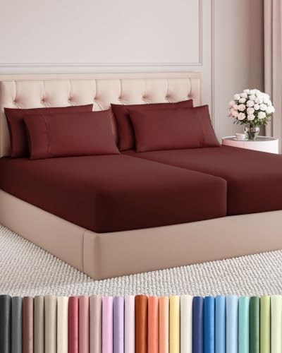 Split King 7 Piece Bed Sheet Set - Comfy, Breathable & Cooling - Oxblood
