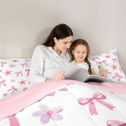 jejeloiu Pink Bow Comforter Set All Season Kawaii Bowknot Bedding Set with 2 Pillow Cases Dreamy Princess Style Microfiber Kids Full Bedclothes Cute Bow Bedroom Decor Duvet Quilt Breathable Soft
