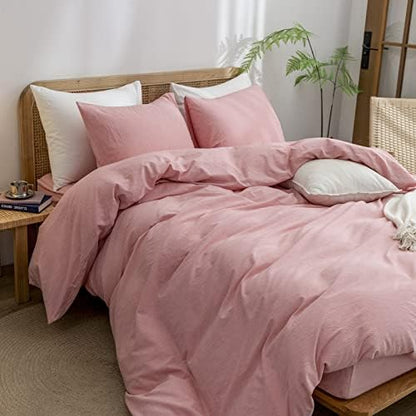 BESTOUCH Cotton Solid Duvet Cover Set Linen Feel Red Pink Queen