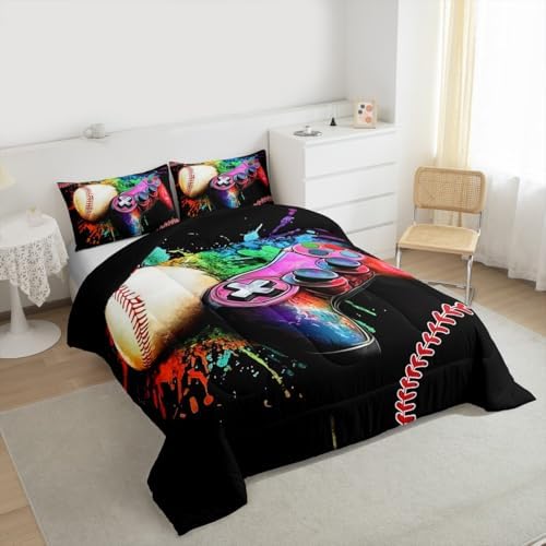 Castle Fairy Baseball Gamepad Twin Size Comforter Set for All Seasons,Kids Baseball Gaming Bedding Set Teens Bedroom Decor,Ball Sports Game Tie Dyed Comforter Inner Fill with 1 Pillowcase