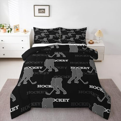 Ice Hockey Kids Bedding Set Queen Size, Comforter Set,Winter Sports Modern Quilt Comforter,Black Gray Bedroom Duvet Insert,2 Pillowcases