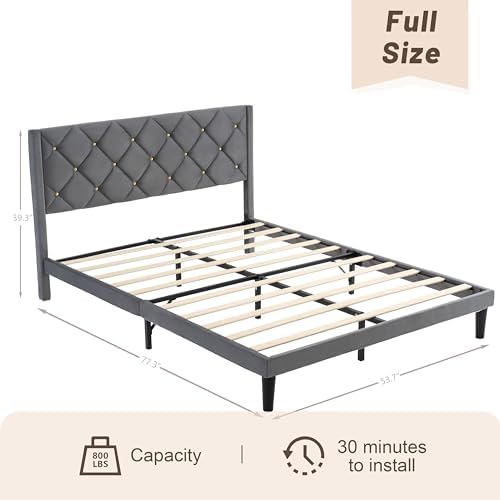 Full Size Platform Bed Frame with Velvet Headboard