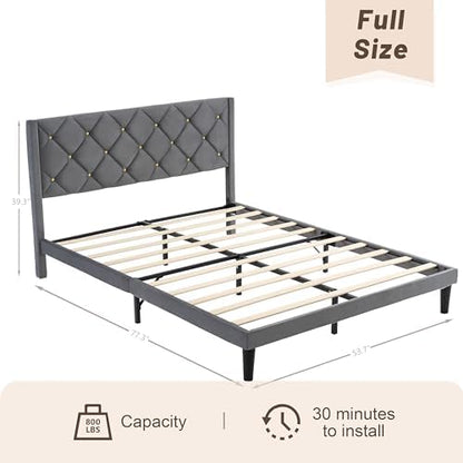 Full Size Platform Bed Frame with Velvet Headboard