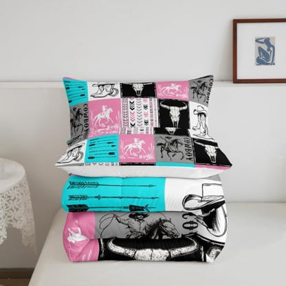 Manfei Cowboy Comforter Set Twin Size, Bull Skull Horse Arrow Bedding Set 2pcs for Kids Boys Girls Room Decor, Geometric Grid Blue Pink Plaid Quilt Set Western Duvet Set with 1 Pillowcase