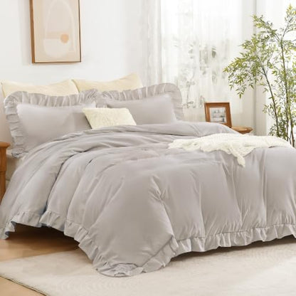 Andency Linen Ruffle Duvet Cover Queen, Shabby Chic Farmhouse Bedding Set
