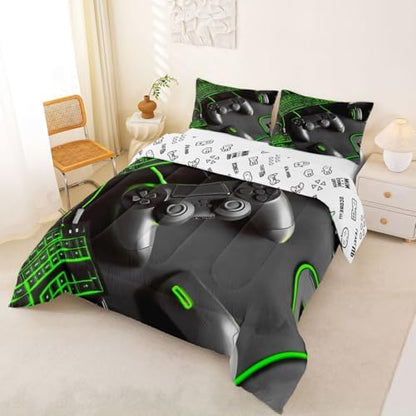 Feelyou Gamer Comforter Set All Season Gaming Bedding Set with 2 Pillow Cases Game Room Decor Microfiber Kids Full Bedclothes Gamepad Bedroom Decor Green Duvet Quilt Breathable Soft Lightweight