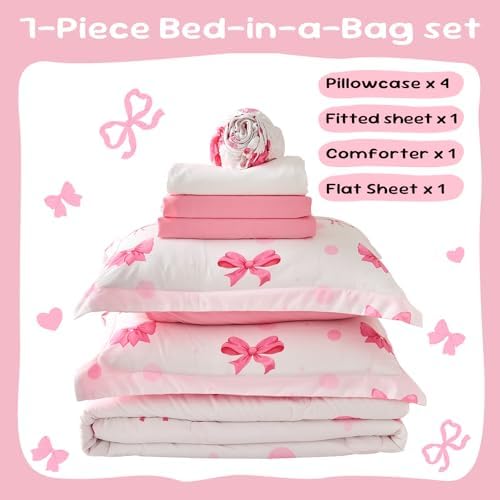 Wajade 7 Piece Pink Bow Bedding Set for Girls Kids Queen Size Comforter Set with Sheet and 2 Pillowcases 2 Pillow Shams Cute Girls Bed in a Bag as Birthday Choice